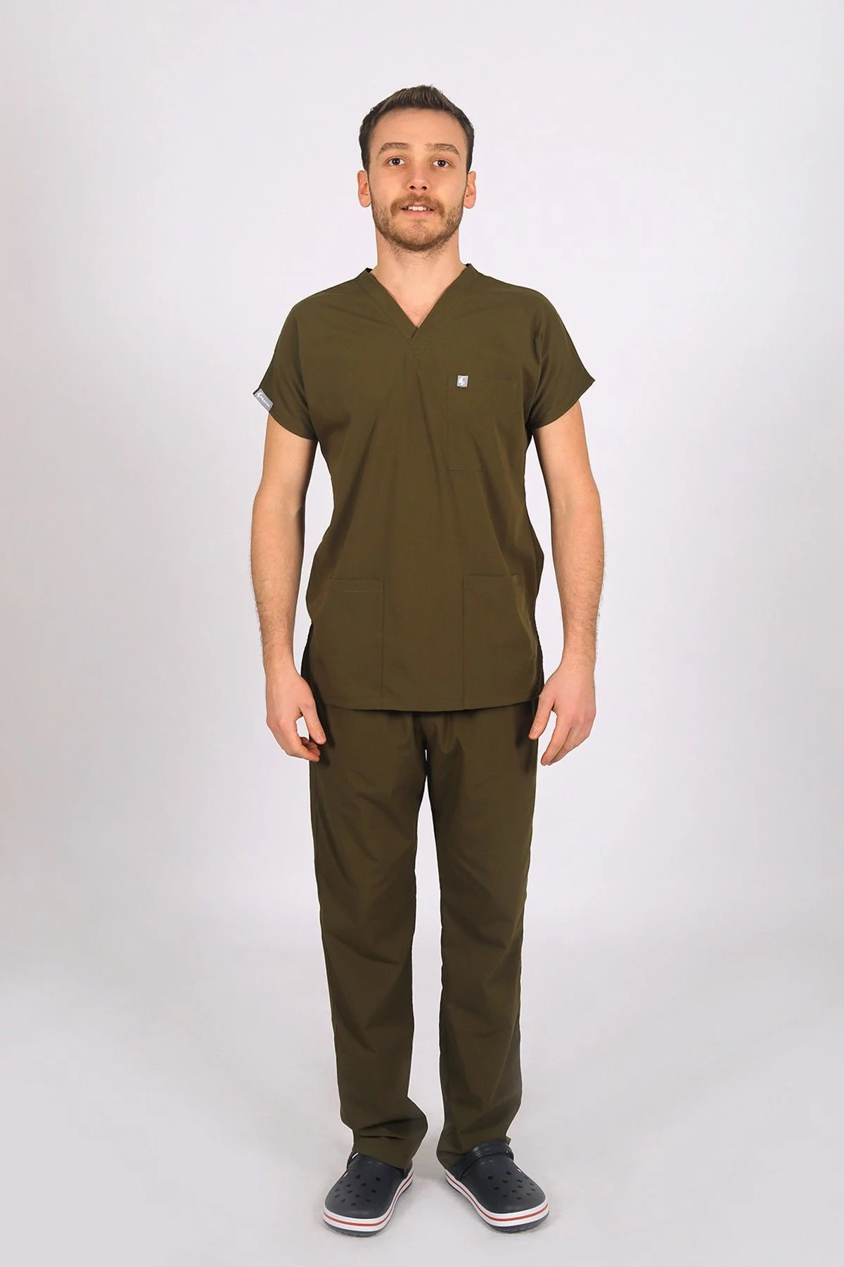 Haki Likralı Scrubs Doktor Hemşire Forması Yarasa Kol Takım