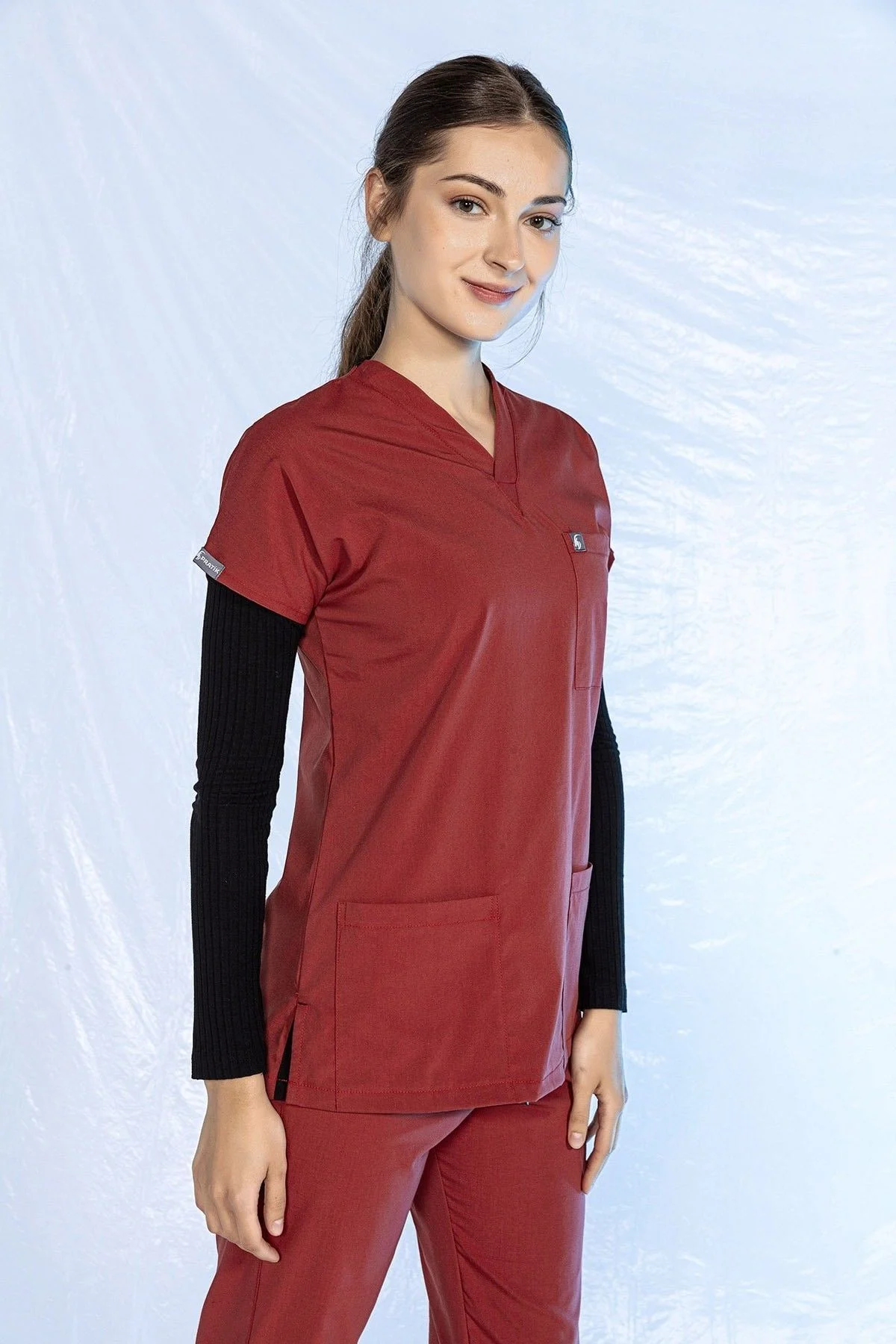 Likralı Scrubs Doktor Hemşire Forması Yarasa Kol Tek Üst 