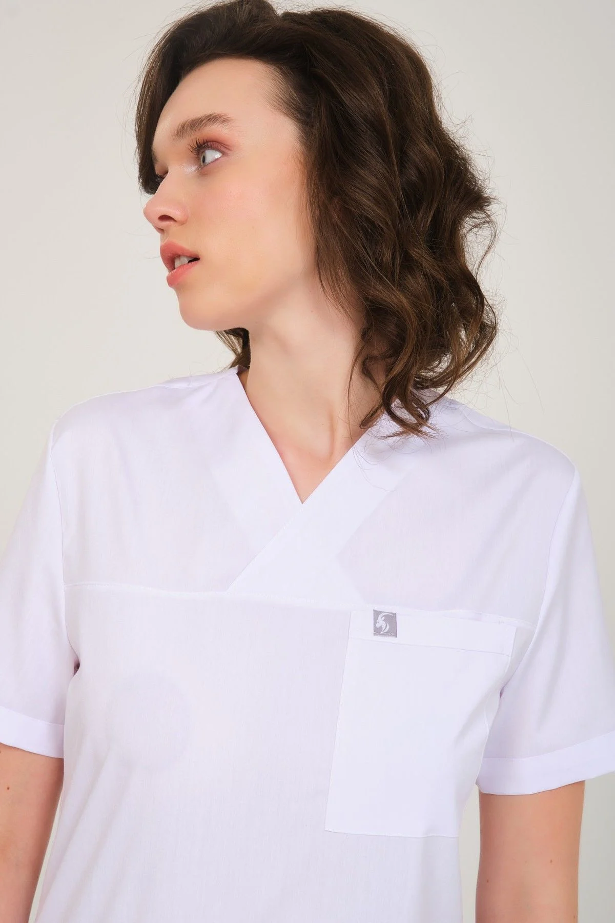 Likralı Zarf Yaka Scrubs Doktor Hemşire Forması Tek Üst